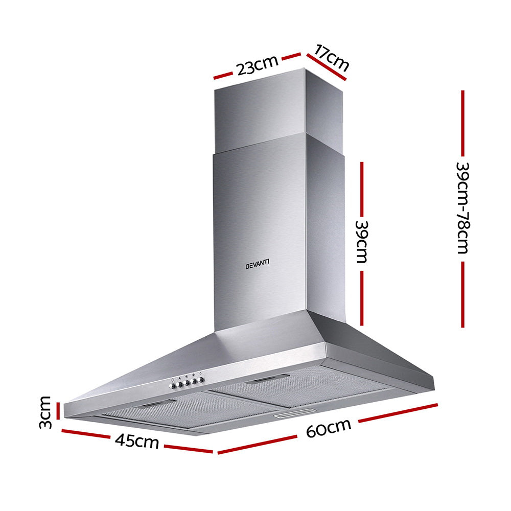 Devanti Range Hood 60cm 600mm Kitchen Canopy Stainless Steel Rangehood