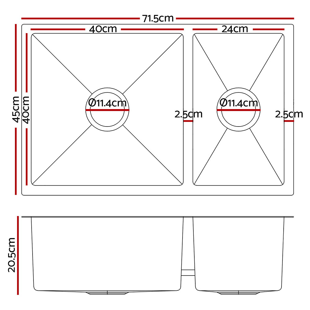 Cefito Stainless Steel Kitchen Sink 710X450MM Under/Topmount Laundry Double Bowl Silver