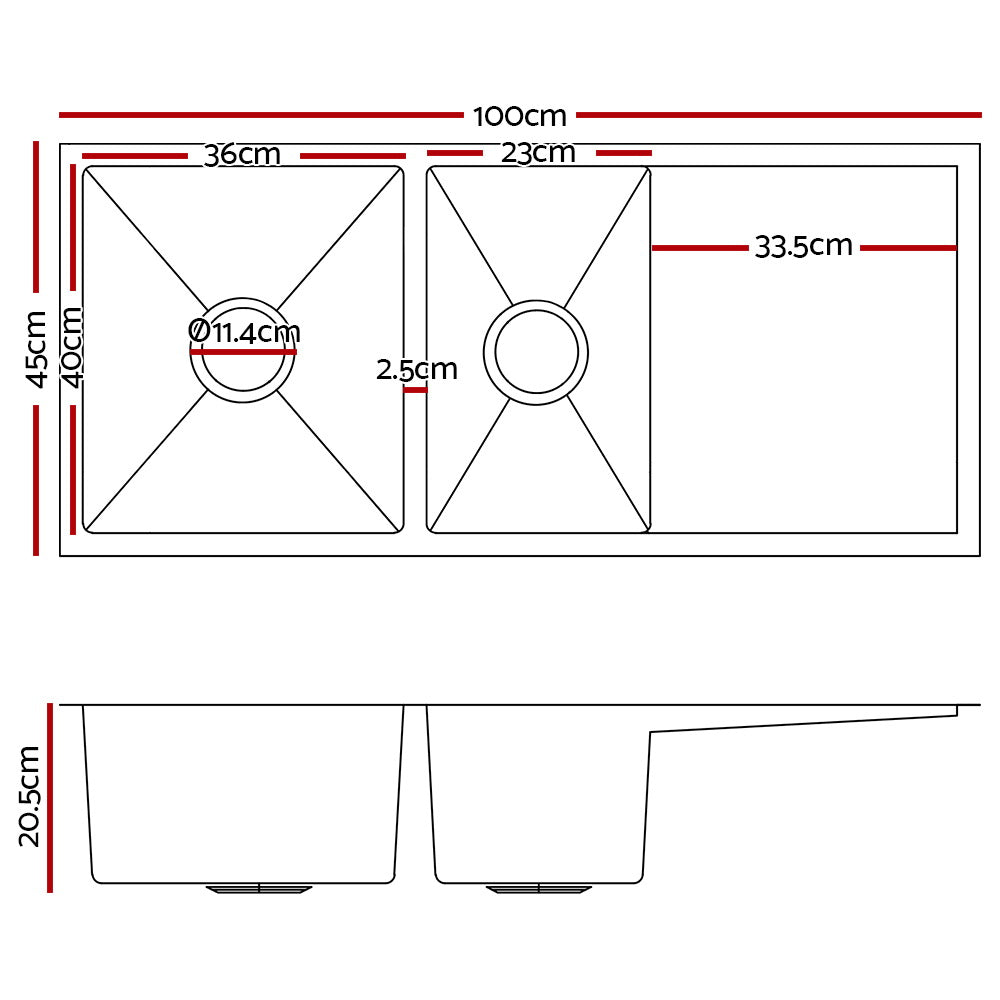 Cefito Stainless Steel Kitchen Sink 100X45CM Under/Topmount Laundry Double Bowl Black