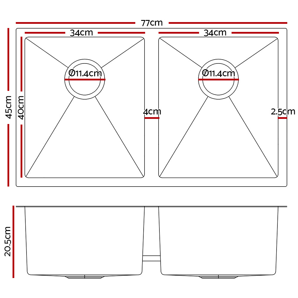 Cefito Stainless Steel Kitchen Sink 770X450MM Under/Topmount Laundry Double Bowl Black