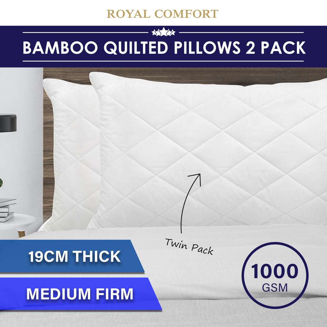 Royal Comfort Luxury Bamboo Blend Quilted Pillow Twin Pack Extra Fill Support White 50 x 75cm