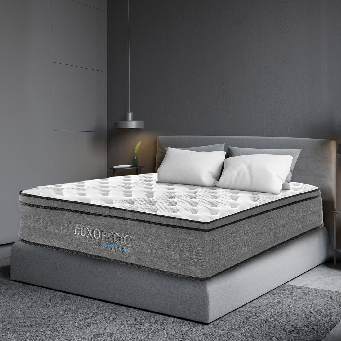 Luxopedic Pocket Spring Mattress 5 Zone 32CM Euro Top Memory Foam Medium Firm White, Grey Double