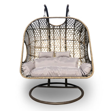 Arcadia Furniture 2 Seater Rocking Egg Chair Outdoor Wicker Rattan Patio Garden - Oatmeal and Grey