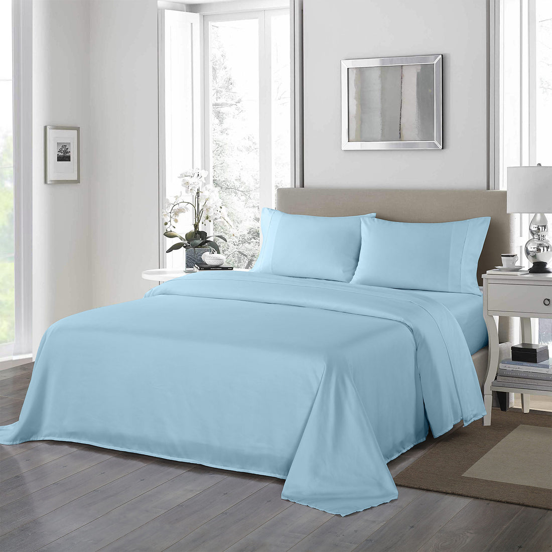 Royal Comfort 1200 Thread Count Sheet Set 4 Piece Ultra Soft Satin Weave Finish Sky Blue King