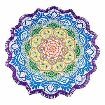 Milano Round Beach Towel with Tassels Print 140 cm 350 GSM Microfibre Blanket - Lotus Flower