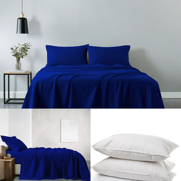 Royal Comfort 100% Cotton Vintage Sheet Set And 2 Duck Feather Down Pillows Blue Single