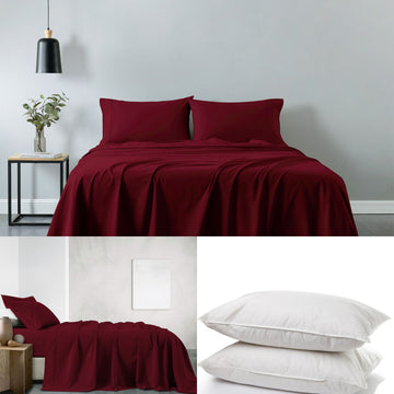 Royal Comfort 100% Cotton Vintage Sheet Set And 2 Duck Feather Down Pillows Mulled Wine Double