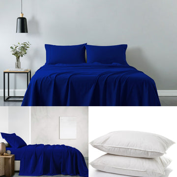 Royal Comfort 100% Cotton Vintage Sheet Set And 2 Duck Feather Down Pillows Blue Double