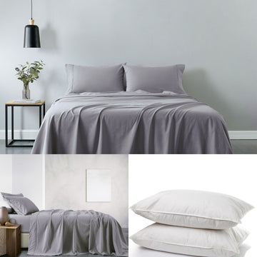 Royal Comfort 100% Cotton Vintage Sheet Set And 2 Duck Feather Down Pillows Grey Queen