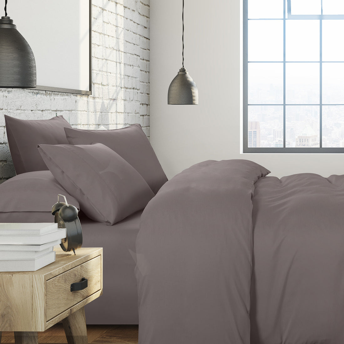 1500 Thread Count 6 Piece Combo And 2 Pack Duck Feather Down Pillows Bedding Set Dusk Grey King