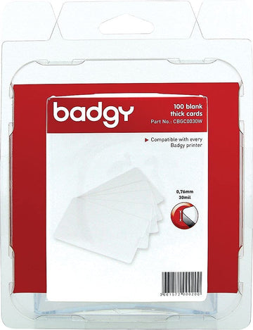 BADGY 100 X THICK Plastic Polyvinyl Chloride (PVC) cards (076MM-30MIL) Printable, Media thickness: 118 " Includes 100 cards Color White