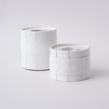 Tree Stripes Leather Look Cylinder Tea Light Holder - White (Medium)