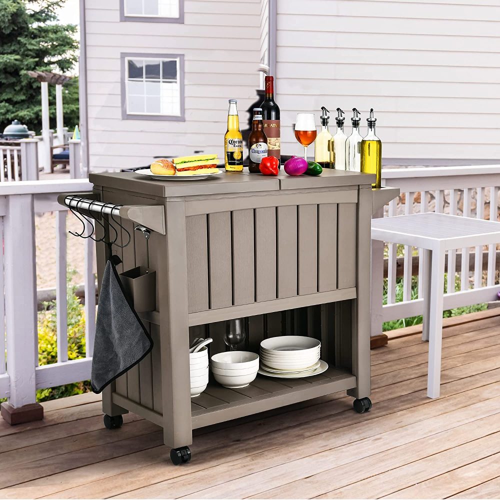 Outdoor Bar Serving Cart with Cooler Taupe
