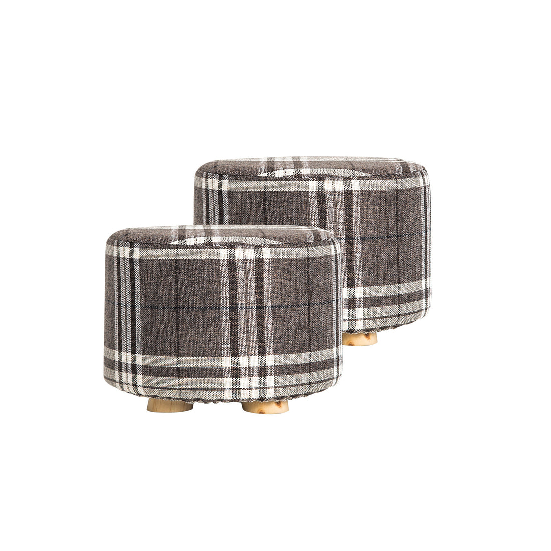 Two black and white plaid footstools are positioned on a clean white background, showcasing their stylish design.