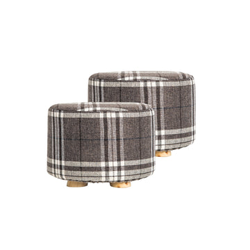 Two black and white plaid footstools are positioned on a clean white background, showcasing their stylish design.