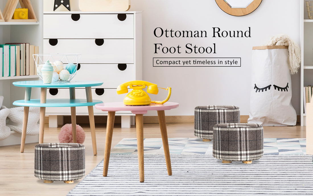 Two black and white plaid footstools are positioned on a clean white background, showcasing their stylish design.