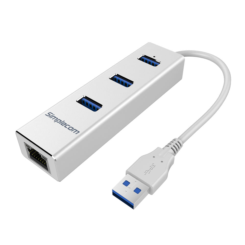 Simplecom CHN410 Aluminium 3 Port USB 3.0 HUB with Gigabit Ethernet Adapter 1000Mbps Silver