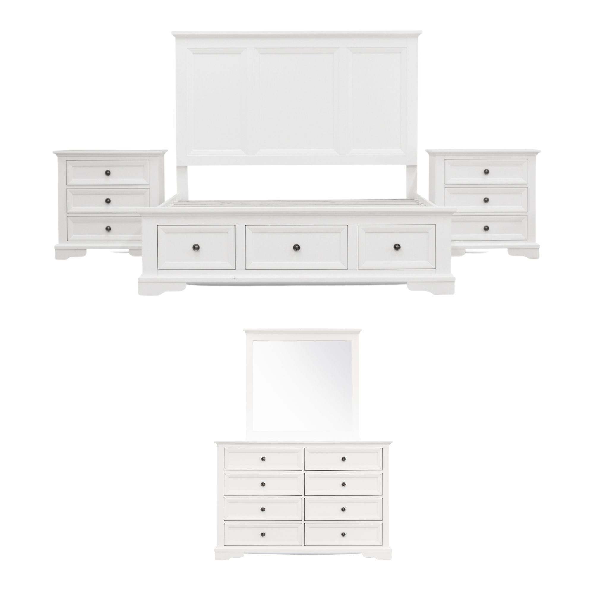 Celosia 5pc King Bed Frame Bedroom Suite Bedside Dresser Mirror Package - White