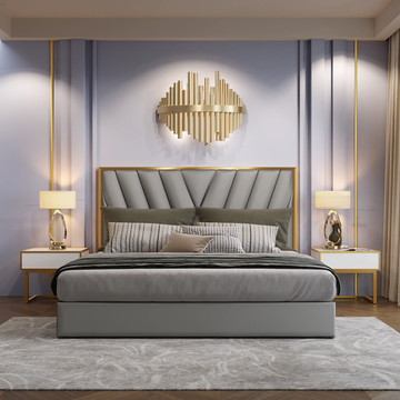 Menlo Elegant Luxury Bedframe PU Leather Golden Trim Grey-King