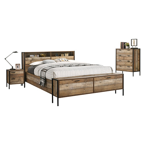 4 Pieces Storage Bedroom Suite with Particle Board Contraction and Metal Legs Queen Size Oak Colour Bed, Bedside Table & Tallboy