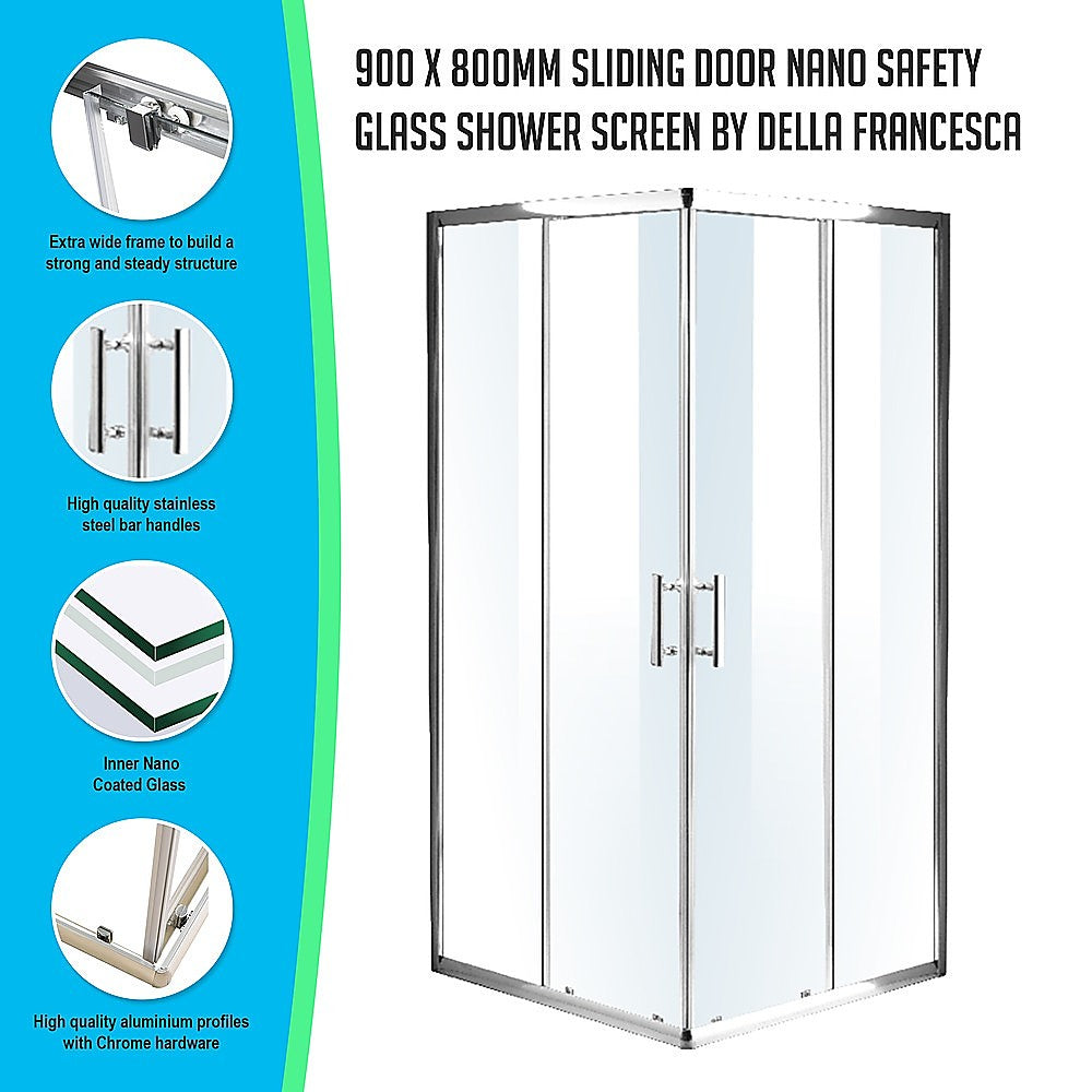 900 x 800mm Sliding Door Nano Safety Glass Shower Screen By Della Francesca