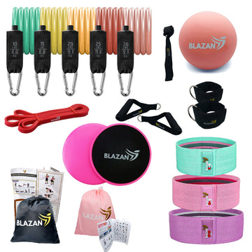 Resistance Exercise Bands Fitness Bundle  22 Pieces Complete Home Workout Tube Booty Bands Heavy Duty Band Gliding Core Sliders Trigger Point Massage Therapy Ball