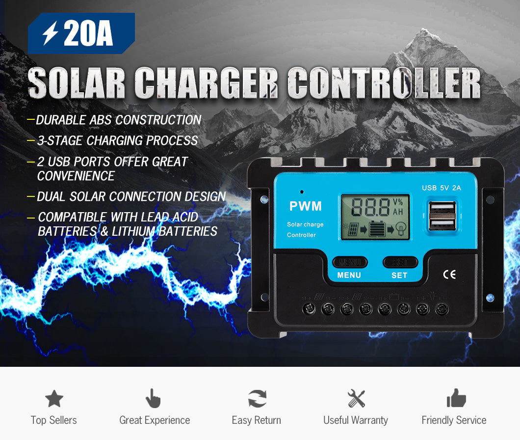20A Solar Panel Battery Regulator Charge Controller 12/24V Auto Dual USB LCD PWM