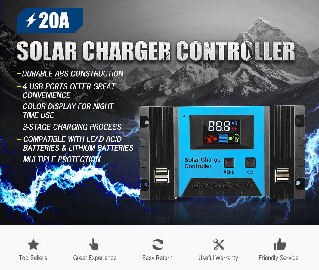 20A Solar Panel Battery Regulator Charge Controller LCD 12V/24V  4 USB 20AMP PWM