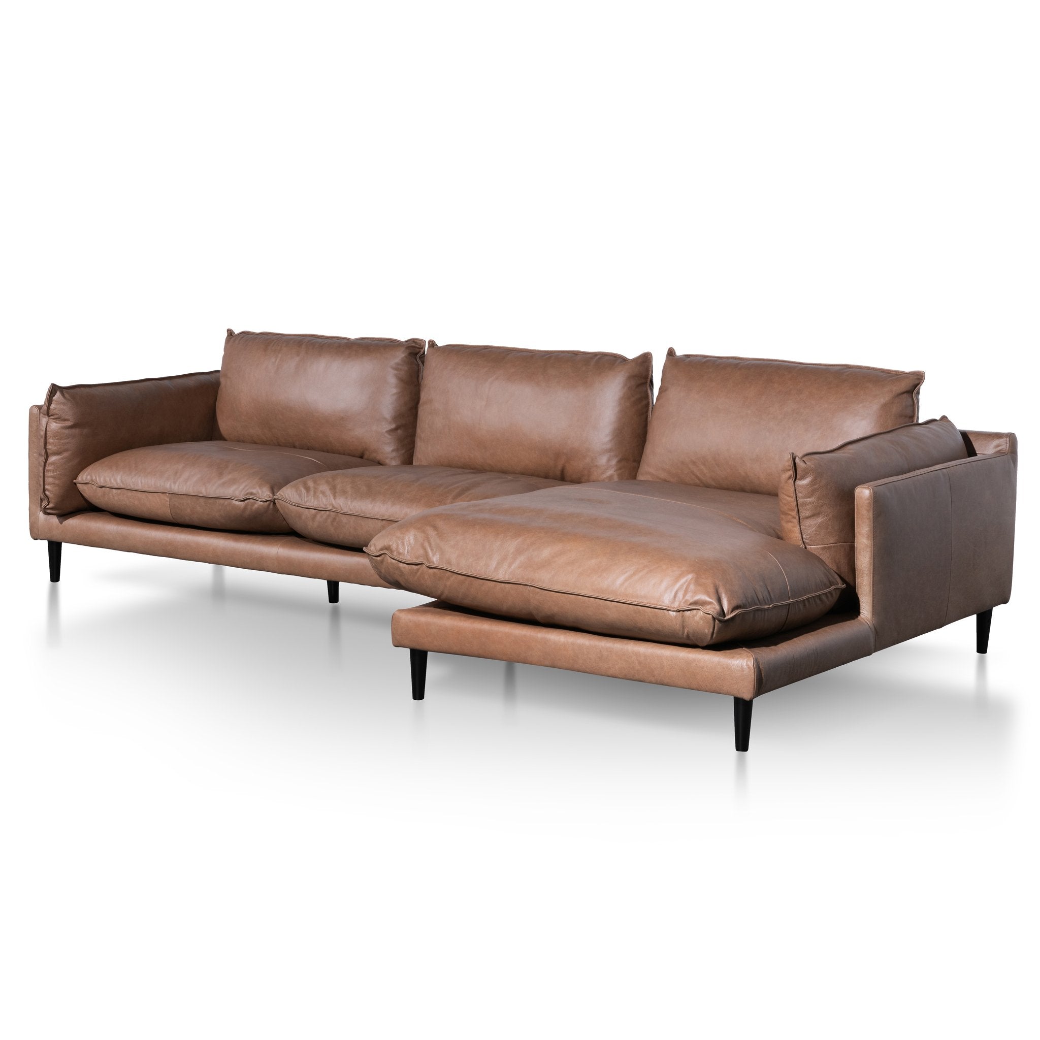 Sophia 4 Seater Right Chaise Leather Sofa - Saddle Brown